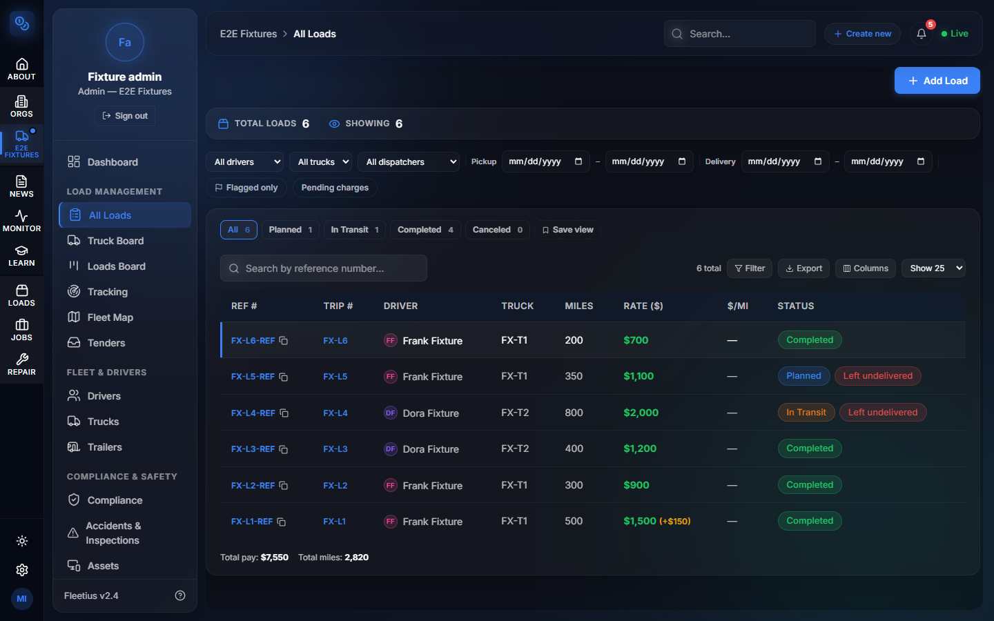 Reference numbers, drivers, trucks, rates, and load status in the carrier workspace.